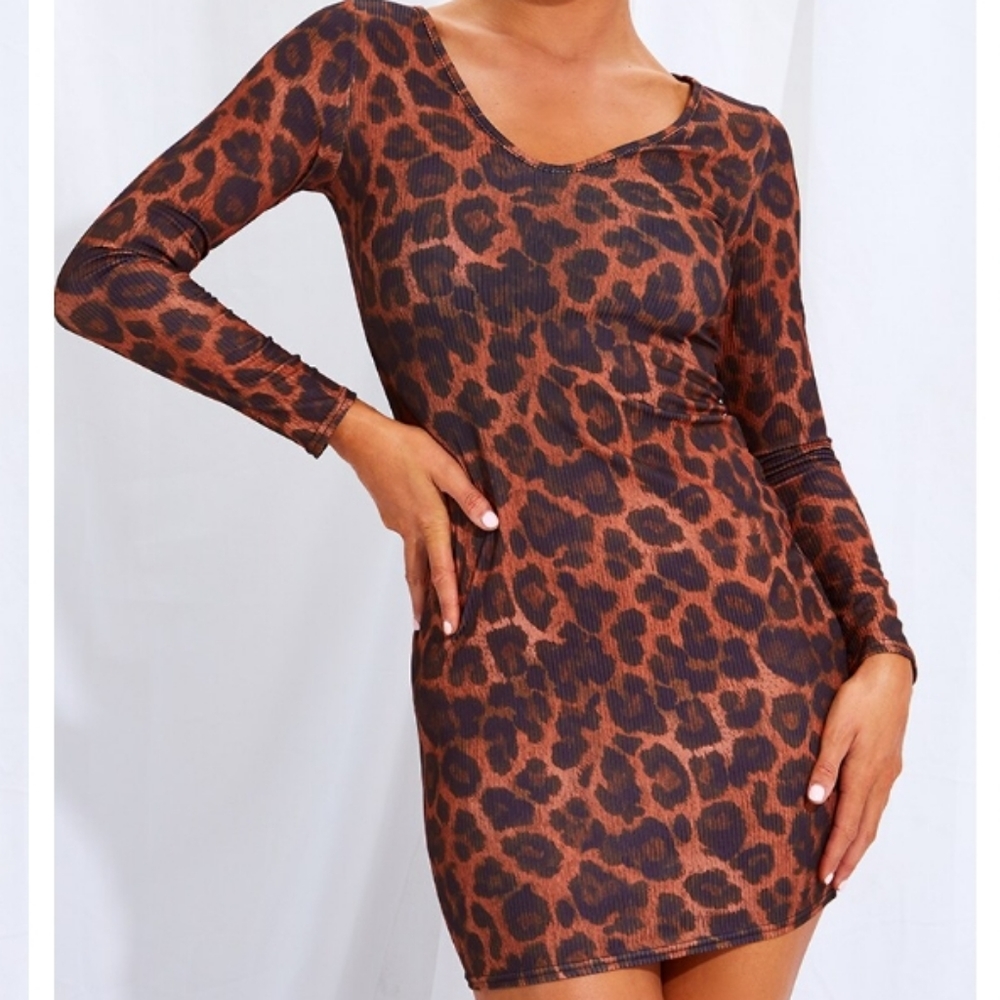 Prettylittlething Brown Leopard Print Dress